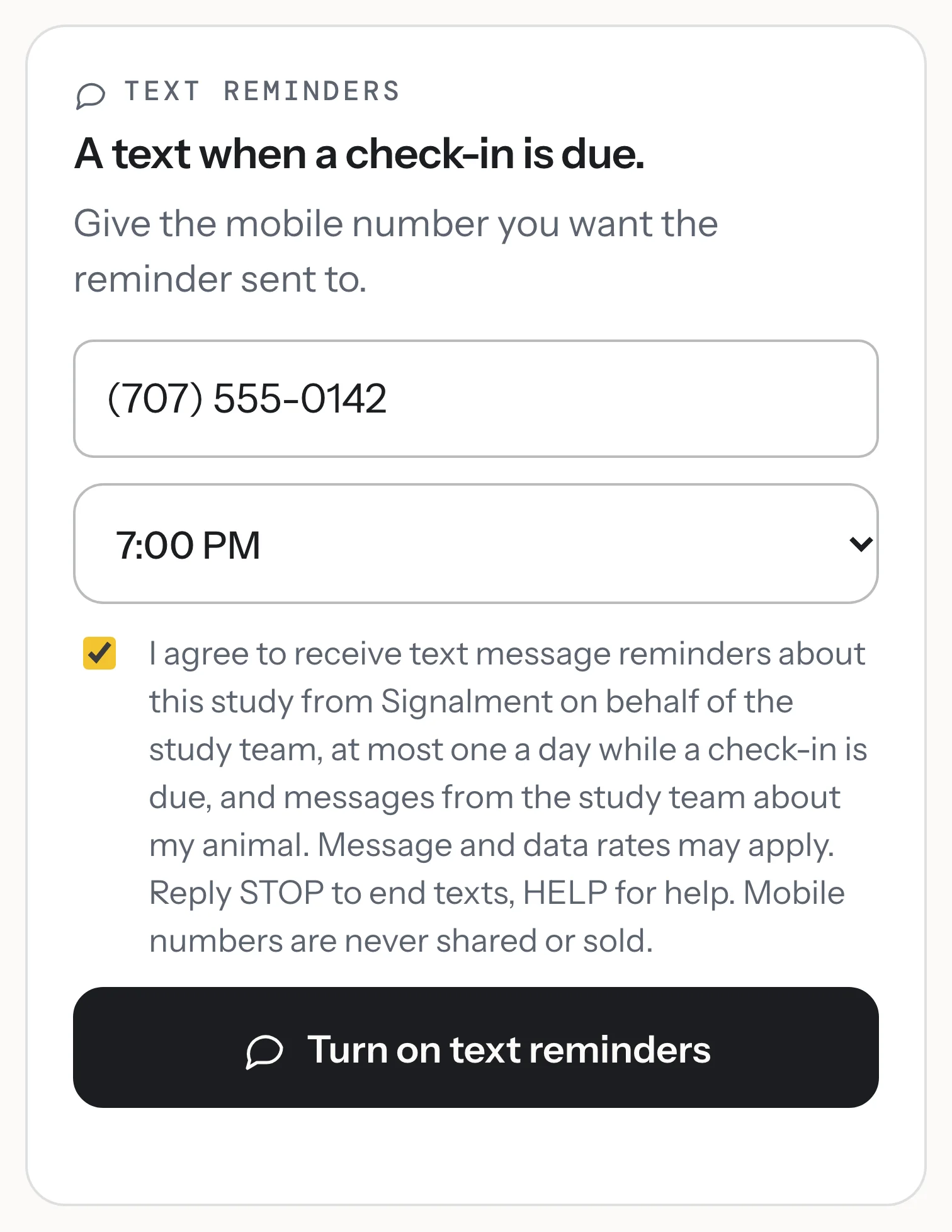 The Text reminders card on an owner’s phone: a mobile number entered, a reminder time of 7:00 PM, the agreement ticked with its full wording, and the button Turn on text reminders.