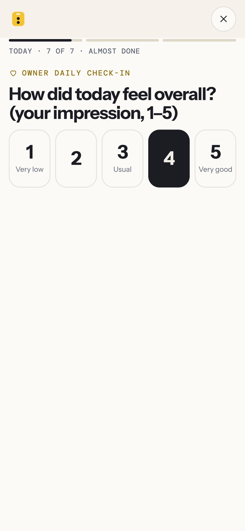 How did today feel overall, on the owner’s own 1 to 5: 4 is selected.